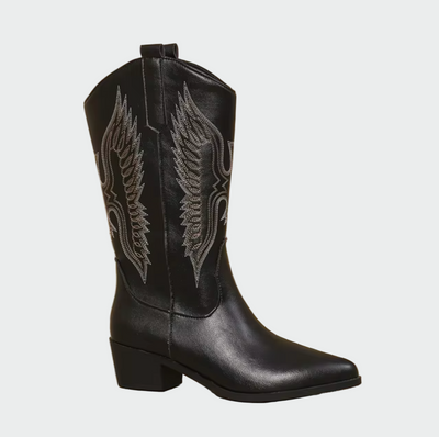 Isabella | Botas Vaqueras En Piel Negra Con Detalles Pluma