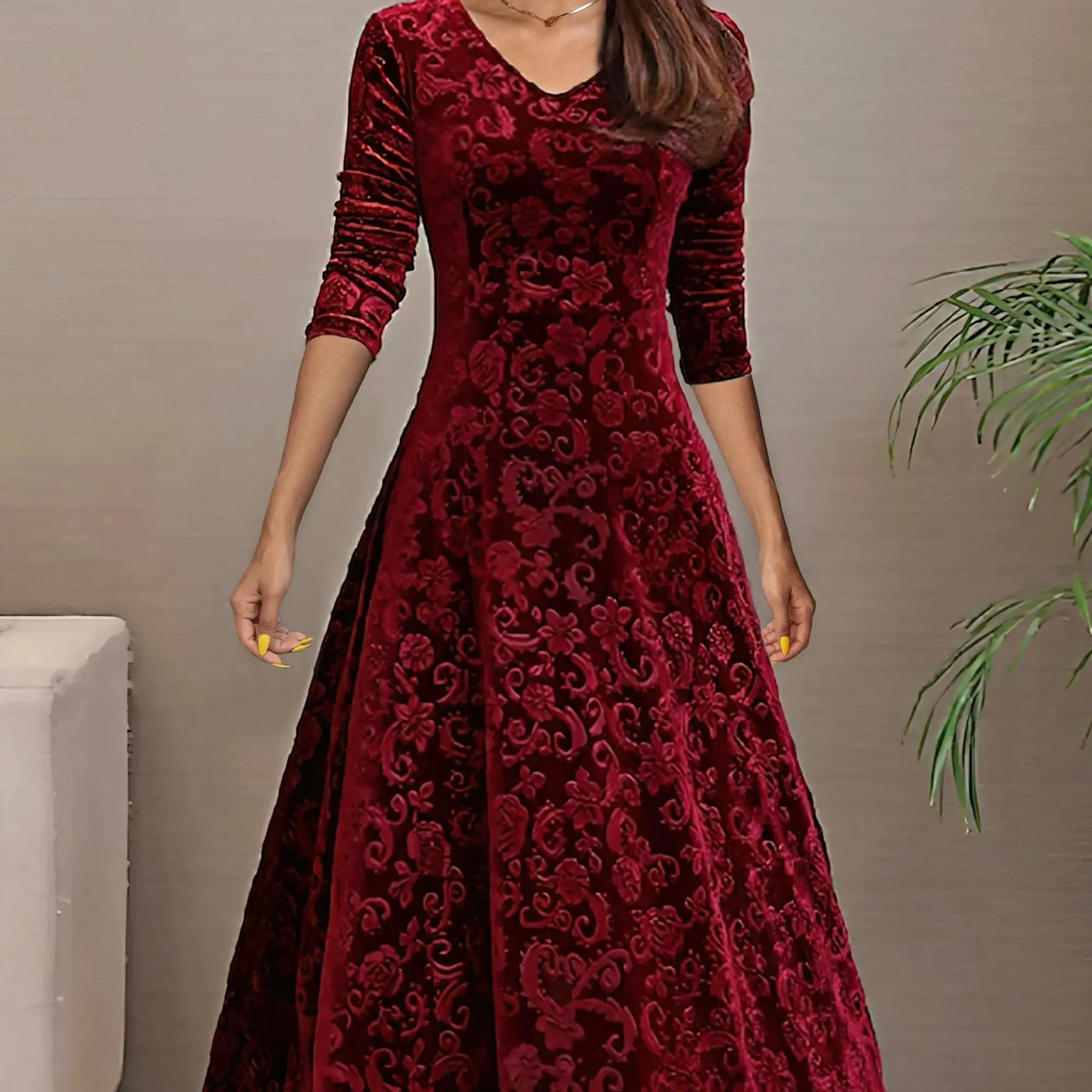 Valeria | Vestido Rojo de terciopelo elegante con mangas largas