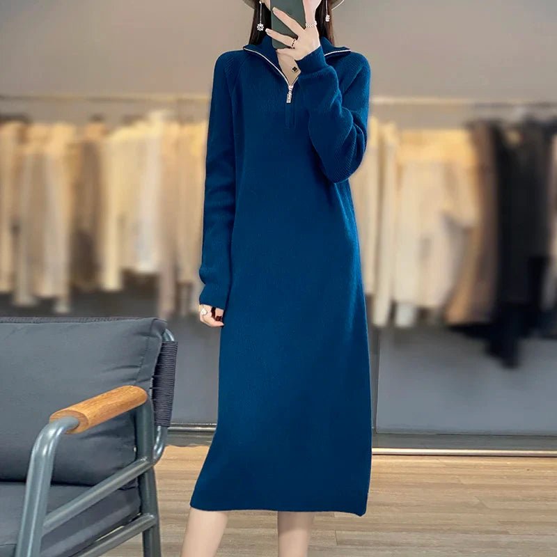 Sofía | Vestido Azul de Punto de Lana Merino con Cremallera, Cálido y Suave
