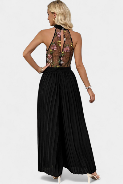 Maruja Mono Palazzo con Bordado Floral y Encaje Transparente