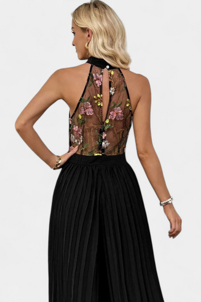 Maruja Mono Palazzo con Bordado Floral y Encaje Transparente