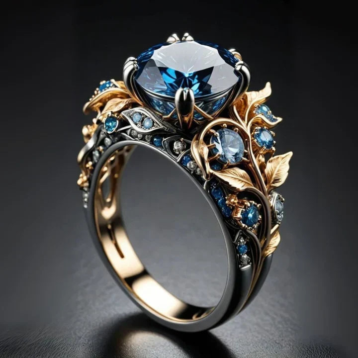 Anillo exótico con cristal azul en forma de flor